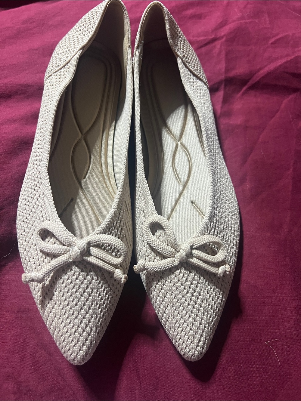 LGCMRH Womens Pointed Knit Ballet Flats with Bow - Light Beige